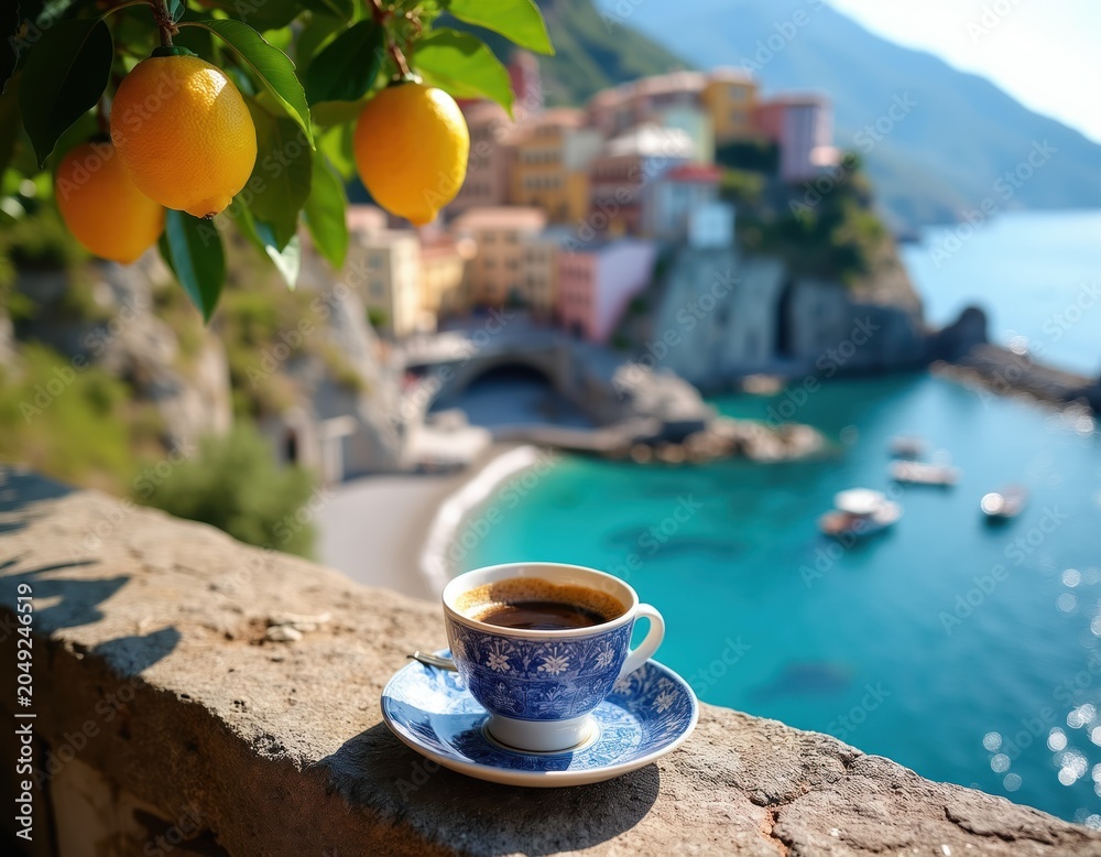 Fototapeta premium Cup of coffee sits on stone ledge overlooking Italian coastal village with boats in turquoise sea. Lemons hang from tree branch above, sunlit scene.