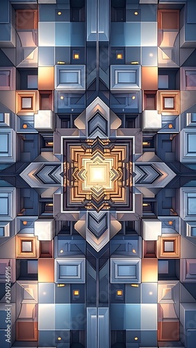 A symmetrical digital artwork with geometric shapes and glowing center
