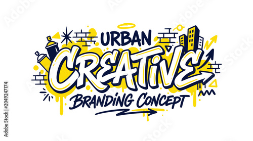 Tableau sur toile Urban Creative Branding Concept with Graffiti Art, Spray Paint and Cityscape Ele