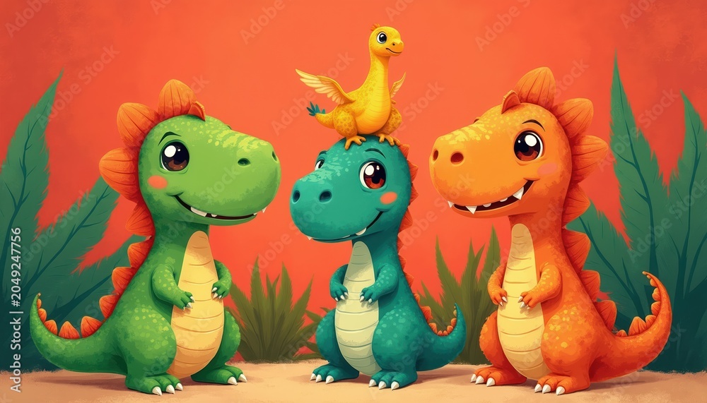 Naklejka premium Cute cartoon dinosaurs group together with happy smiles. Little Pterodactyl rests on a teal dinosaur head. Green and orange dinos stand near lush plants. Vibrant illustration for kids.