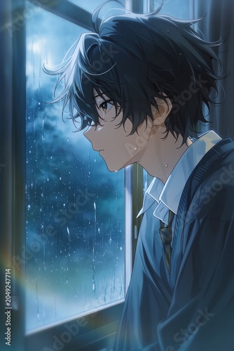 melancholic anime character gazing out rainy window