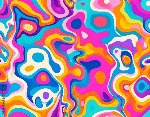 A vibrant abstract design featuring swirling patterns of blue, pink, orange, and purple hues