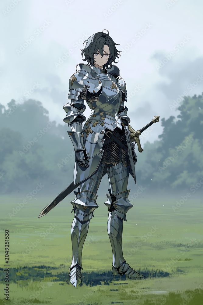 Naklejka premium medieval knight standing in grassy field