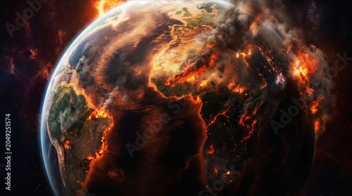 Earth engulfed in fire and smoke during apocalypse. The dramatic view of planet Earth burning with fire and smoke in space