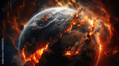 Earth planet cracking apart with molten hot magma. A planet is breaking into pieces with fire and lava in deep space now