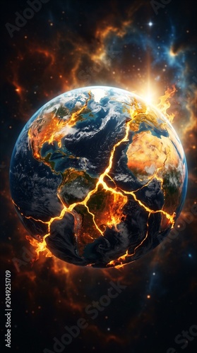Molten lava cracks through a dying planet in space. A dramatic view of a planet breaking apart with fire and molten magma