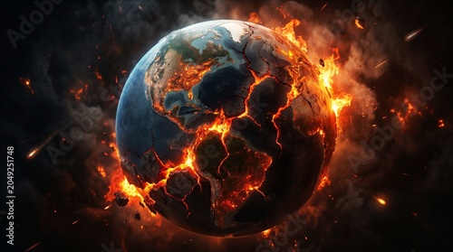 Planet Earth Cracking Apart with Glowing Fire Lava. Dramatic scene of planet earth exploding with molten lava and hot fire