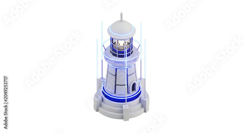 Futuristic Lighthouse with Blue Neon Lights on White Background