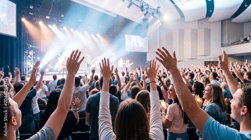 Fototapeta premium Vibrant Worship Service with Raised Hands in a Large Congregation.