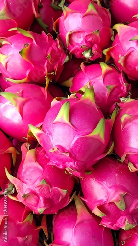 A vibrant and colorful close-up of numerous pink dragon fruits