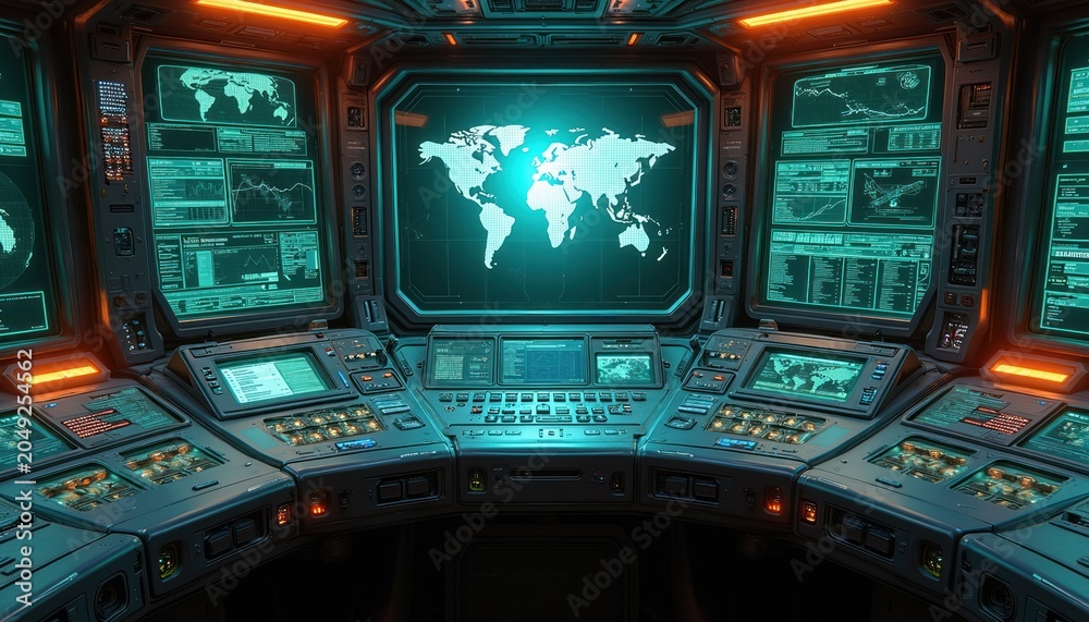Obraz premium Futuristic spaceship bridge with multiple glowing screens showing world maps, data charts. Command center features complex control panels, futuristic tech interface. Sci-fi digital illustration for
