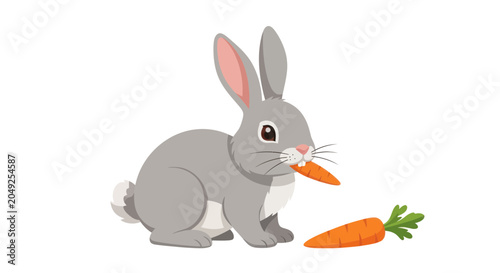 Foto Cute gray rabbit eating carrot.