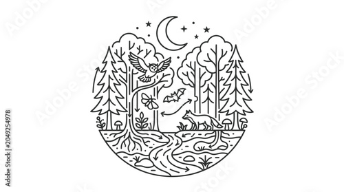 Schilderij op canvas Circular forest scene illustration with fox and owl at night