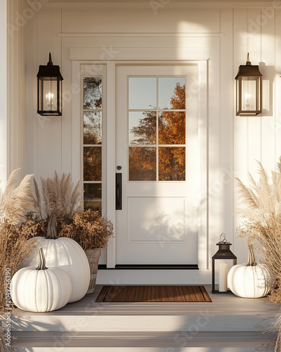 Elegant Autumn Front Porch with White Pumpkins and Neutral Seasonal Decor
