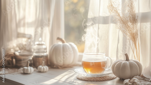 Steaming Herbal Tea by Sunlit Window with White Pumpkins and Neutral Autumn Decor