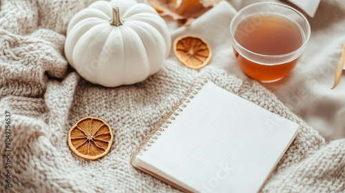 Autumn Wellness Journal with Herbal Tea, White Pumpkin and Cozy Knit Blanket