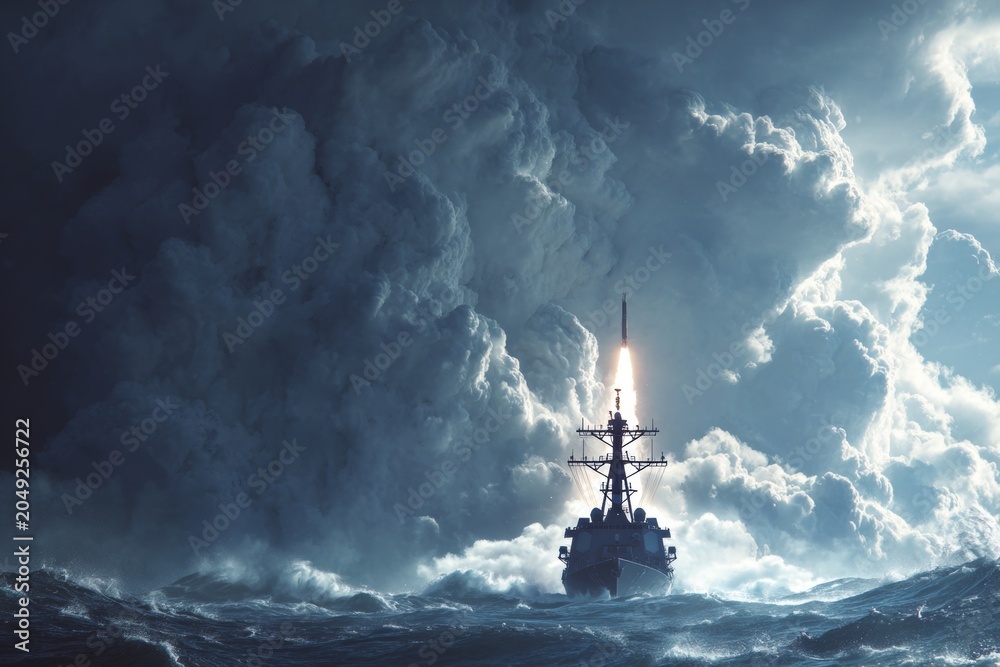 Fototapeta premium Majestic warship's missile launch unfolding in intense military scene. Epic poster. Navy warboat makes impact with missile release underneath stormy skies. Poster illustration. Hero poster.