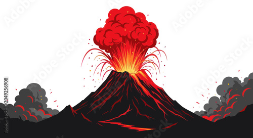 Quadro su tela Erupting Volcano Mountain with Red Ash.