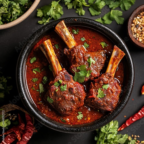 Slow braised lamb shanks in rich red curry sauce with fresh coriander leaf.