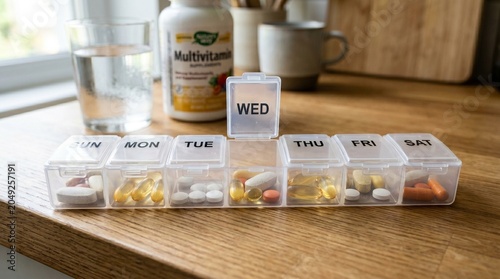 Photorealistic image of a transparent weekly vitamin pill box organizer