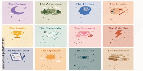 Illustrated character archetype profile cards for personality traits. personality archetype illustrated psychology behavior character graphics symbolism abstract collection template.