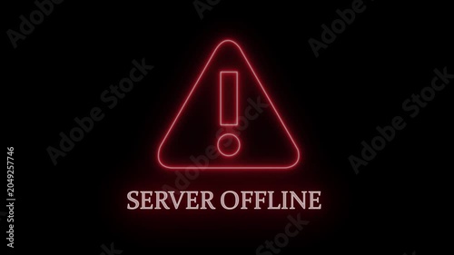 Glowing red neon server offline warning sign with pulsing alert triangle for cybersecurity breach, network connection failure, system maintenance, technical error, and digital infrastructure downtime