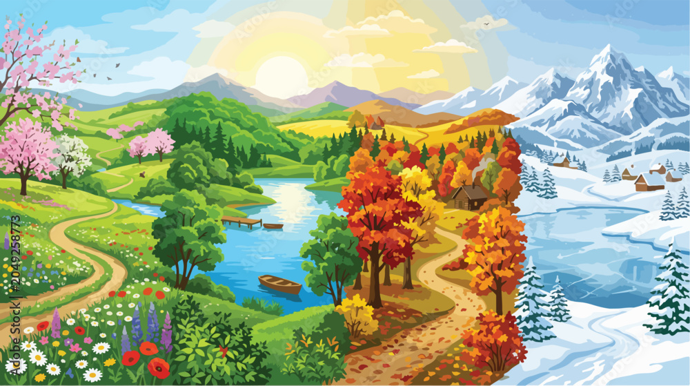 Obraz premium Vibrant landscape illustration showcasing the four changing seasons transition smoothly across a beautiful scenic valley with lush green hills colorful autumn trees and snowy mountain peaks