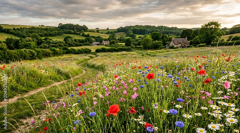 Obraz premium English Countryside Landscape with Wildflower Meadow and Thatched Cottage at Sunset