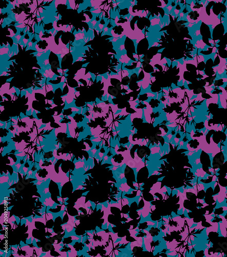 Seamless floral pattern with black flower silhouettes on pink and teal background. Modern vibrant botanical ornament for textile and fashion print.
