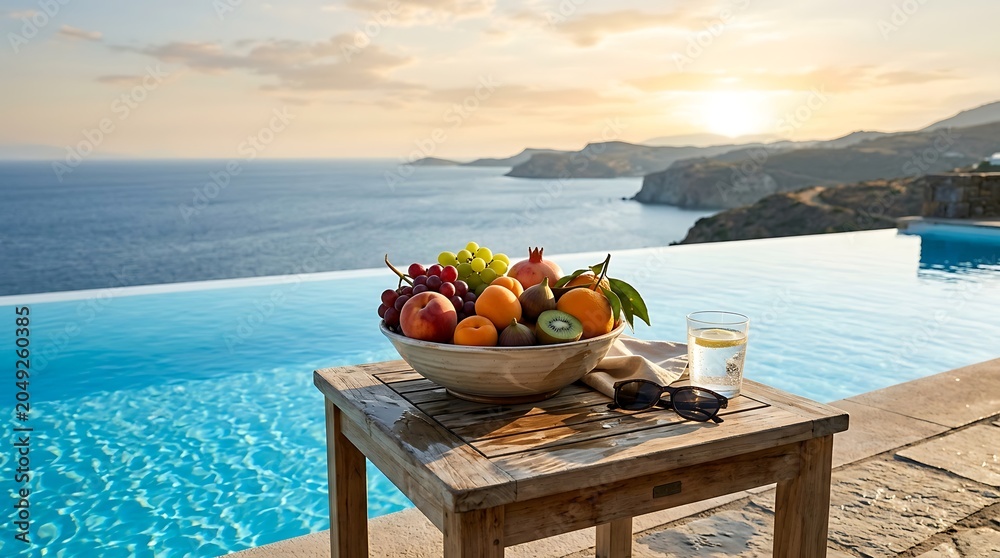 Fototapeta premium Luxury infinity pool with fruit bowl and sunglasses overlooking the ocean at sunset