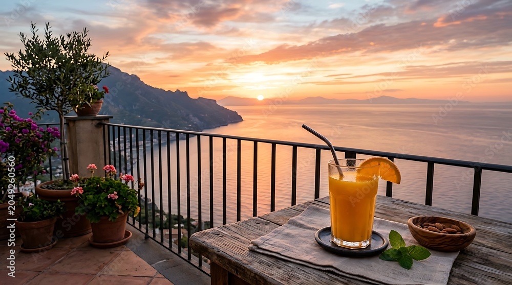 Fototapeta premium Refreshing Orange Juice on a Balcony with Sunset View over the Mediterranean Sea