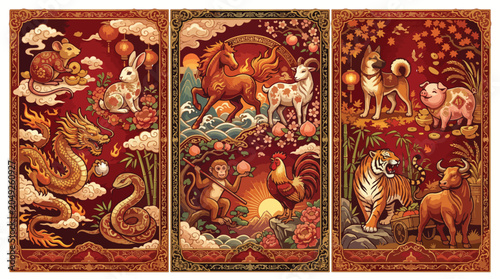 Photos Intricate triptych illustration featuring all twelve Chinese zodiac animals arra