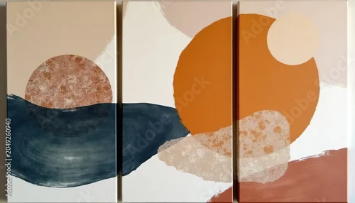 Panel kuchenny z motywem Abstract triptych canvas art with sun shapes and organic waves. Modern minimalist decor for home or office. Earthy tones create calm, natural feel. Interior design element, wall hanging.