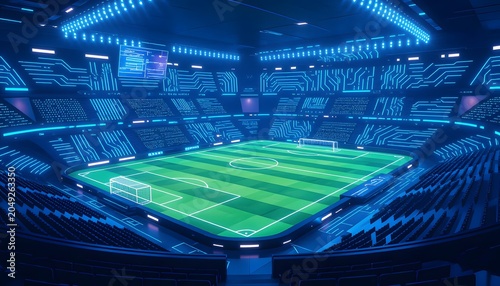A large soccer stadium with blue lighting.