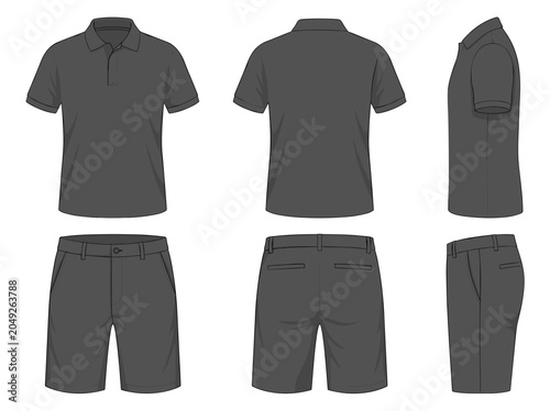 Vector realistic set of dark grey polo shirts and shorts, casual golf uniform isolated on transparent background. Mockup for clothes design, front, rear and side view