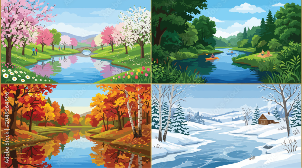 Obraz premium Four beautiful seasonal landscape scenes depicting nature transitions from spring flowers and summer greenery to golden autumn leaves and a serene snowy winter forest river view