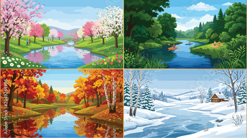 Foto Four beautiful seasonal landscape scenes depicting nature transitions from sprin