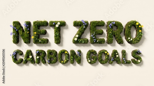 Net zero carbon goals text concept made of green grass and wildflowers on light background