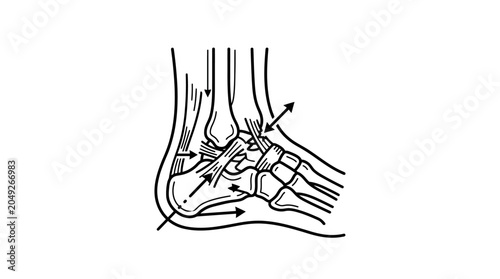 Bild auf Leinwand Anatomical diagram of ankle joint bones and movement vectors.