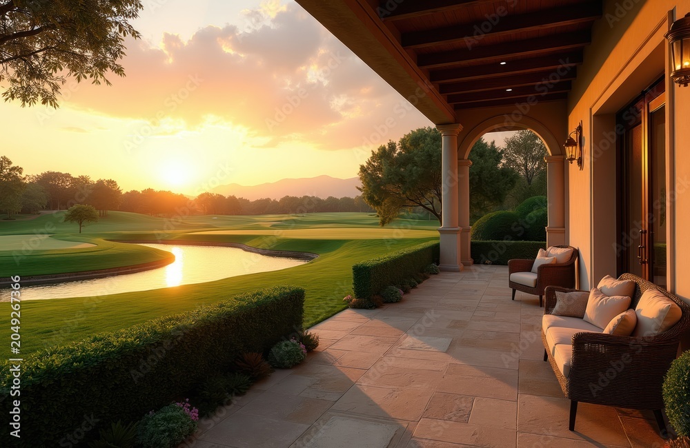 Fototapeta premium Luxury patio furniture overlooks golf course lake at sunset. Elegant resort veranda with seating offers serene panorama, tranquil water reflection, golden hour light.