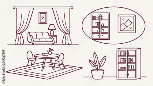Home interior furniture line art set with furniture interior bookshelf