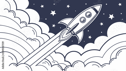 Rocket ship launching into space line art illustration with astronomy, creative