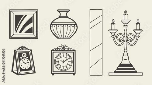 Decorative antique household objects line art set with household, candelabra