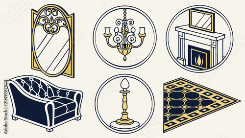 Vintage luxury home decor furniture icons with furniture interior fireplace