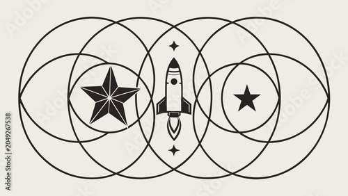 Minimalist rocket launch graphic with geometric stars and circular pattern