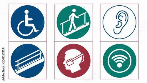 Accessibility and facility signage icon set with accessibility, disability