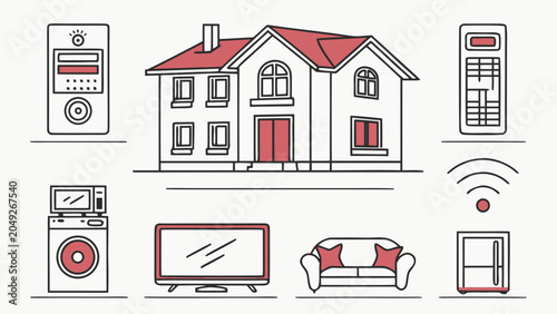 Smart home automation and domestic technology line art vector icons