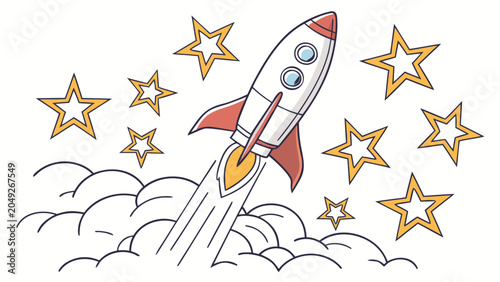 Cartoon rocket ship launching into space surrounded by stars and smoke