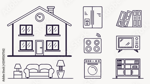 House exterior and interior appliance line art icon set with appliance, interior