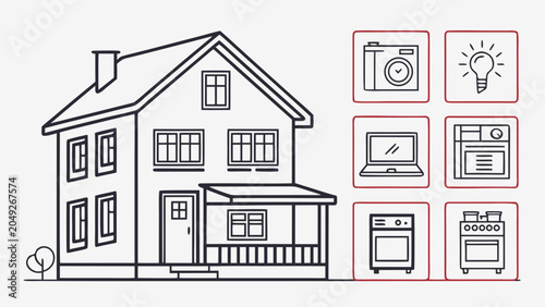 Residential house exterior with home technology and appliance icons, building